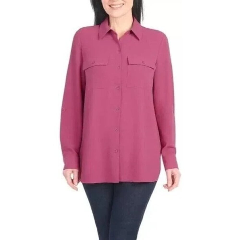 NEW Hilary Radley Women's M Pink Button-Up Long Sleeve Tunic Blouse